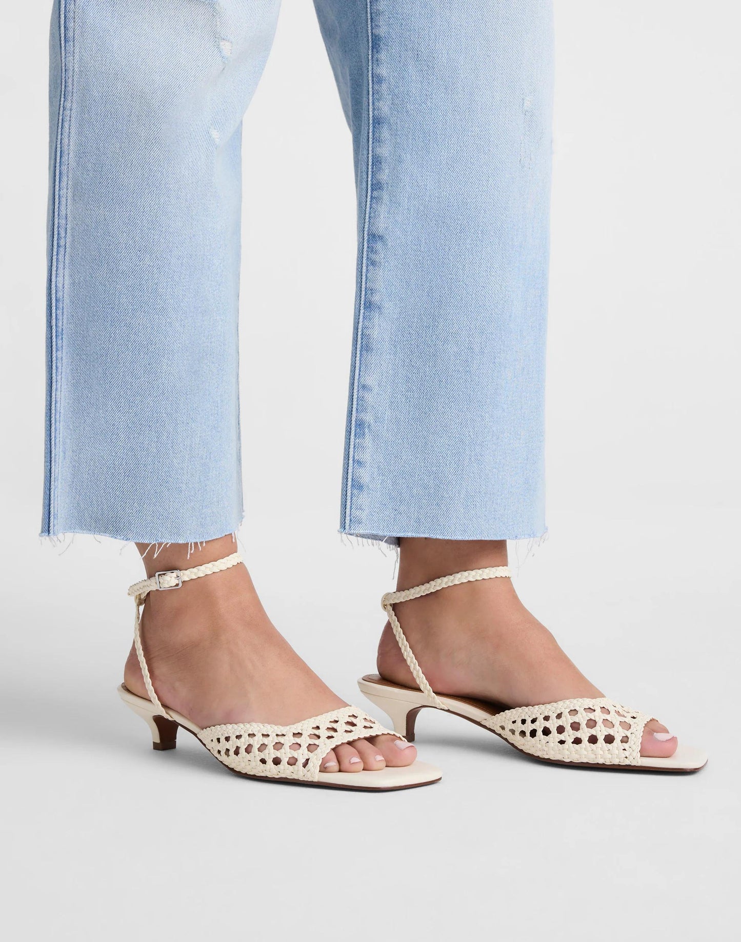 Madewell The Tyra Ankle-Strap Kitten-Heel Sandal in Woven Leather