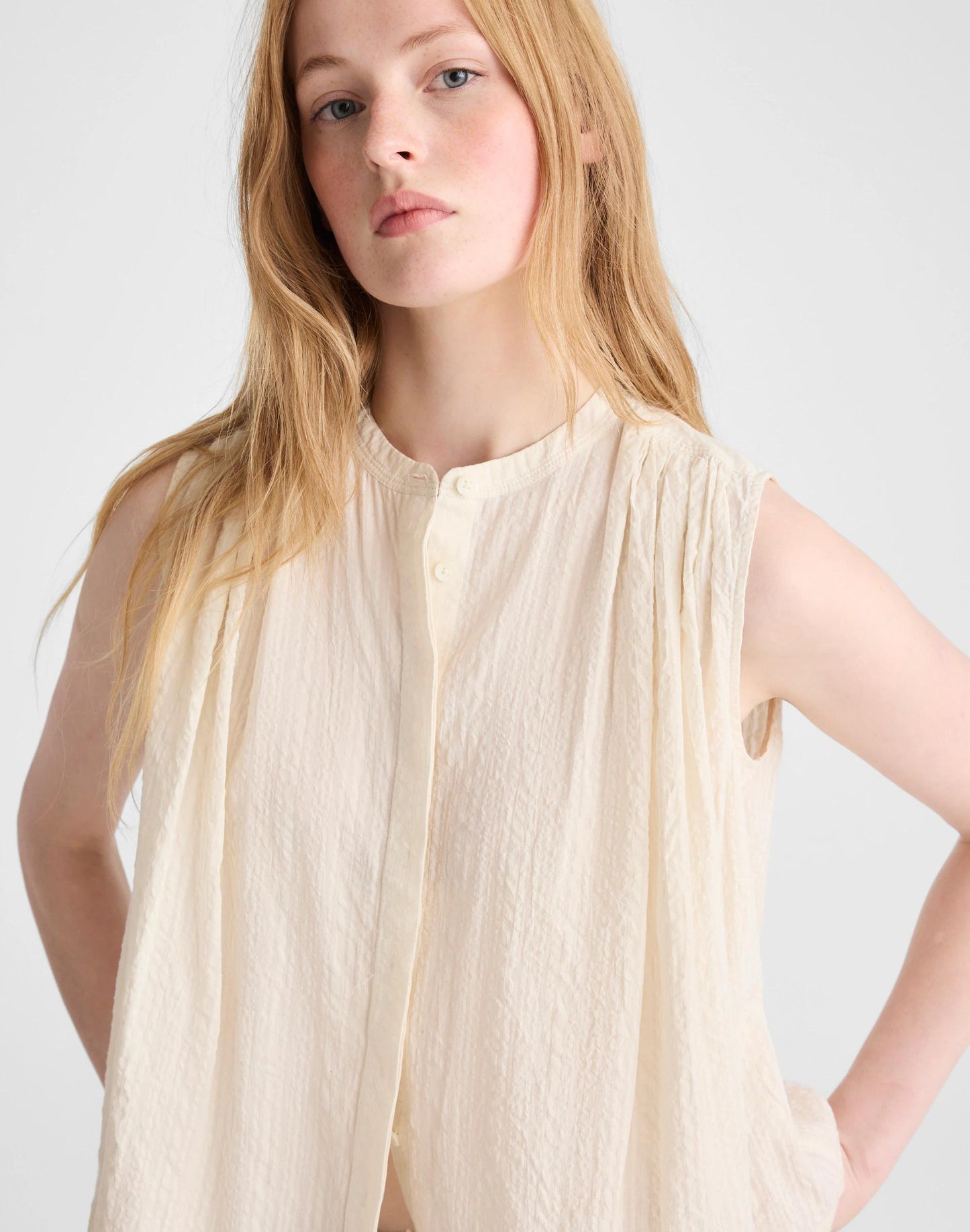 Madewell Shirred Button-Up Sleeveless Blouse