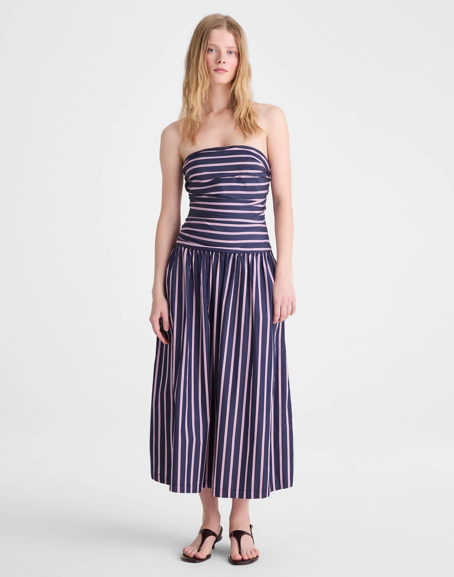 Madewell Strapless Ruched Midi Dress in Poplin