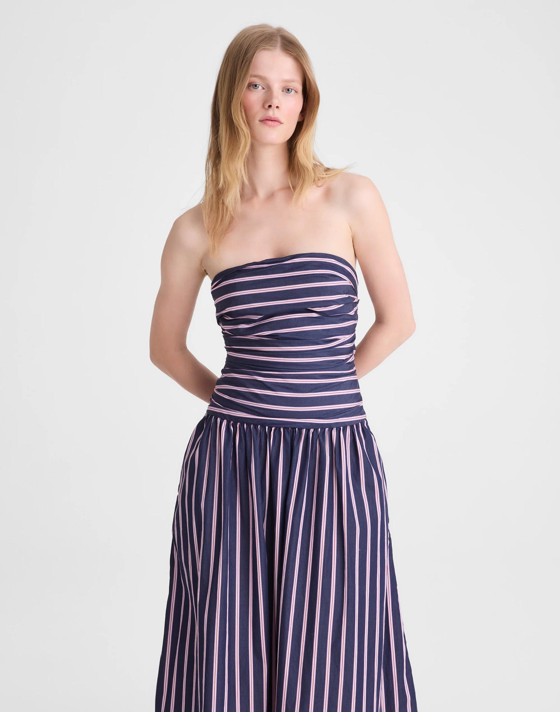 Madewell Strapless Ruched Midi Dress in Poplin