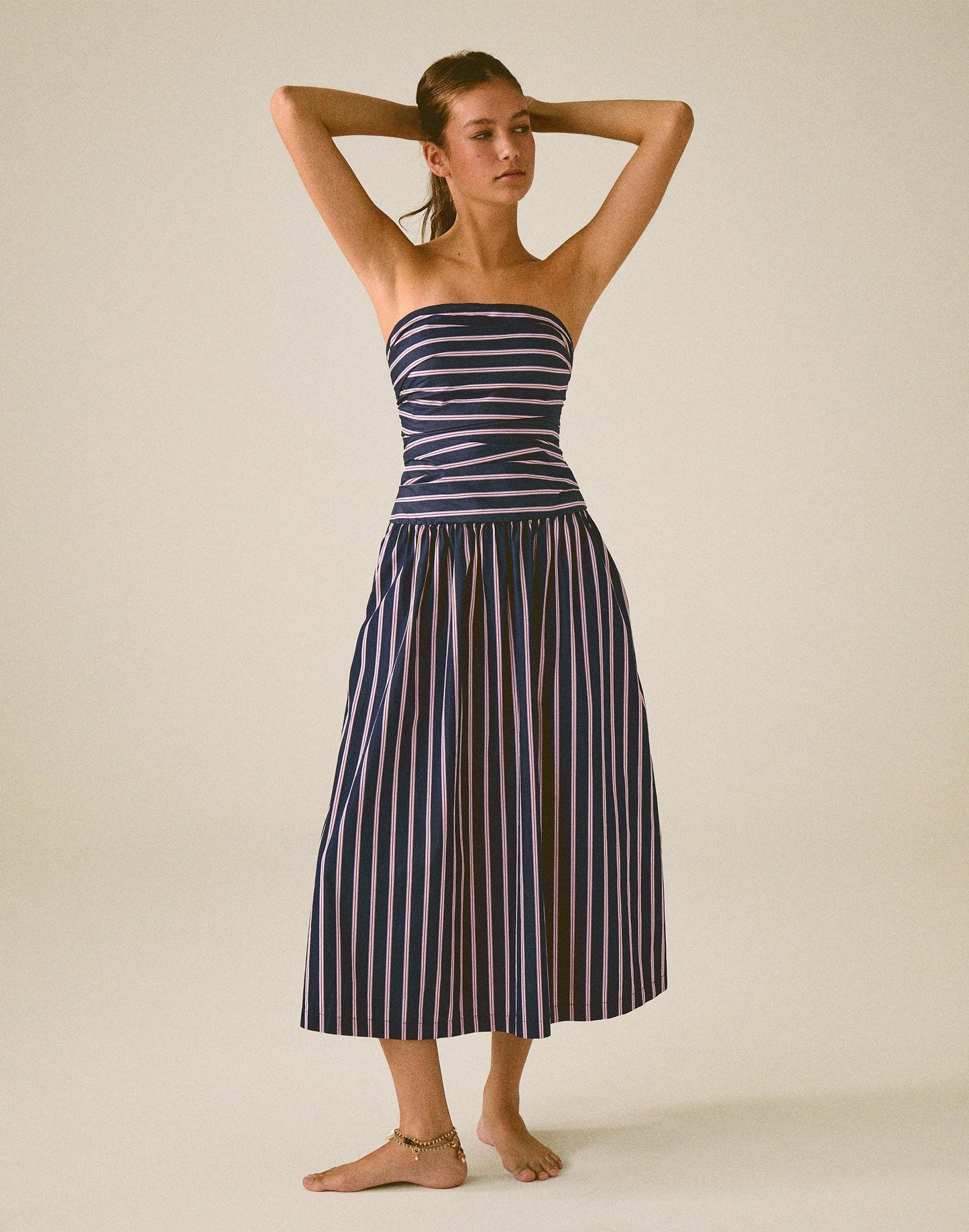 Madewell Strapless Ruched Midi Dress in Poplin