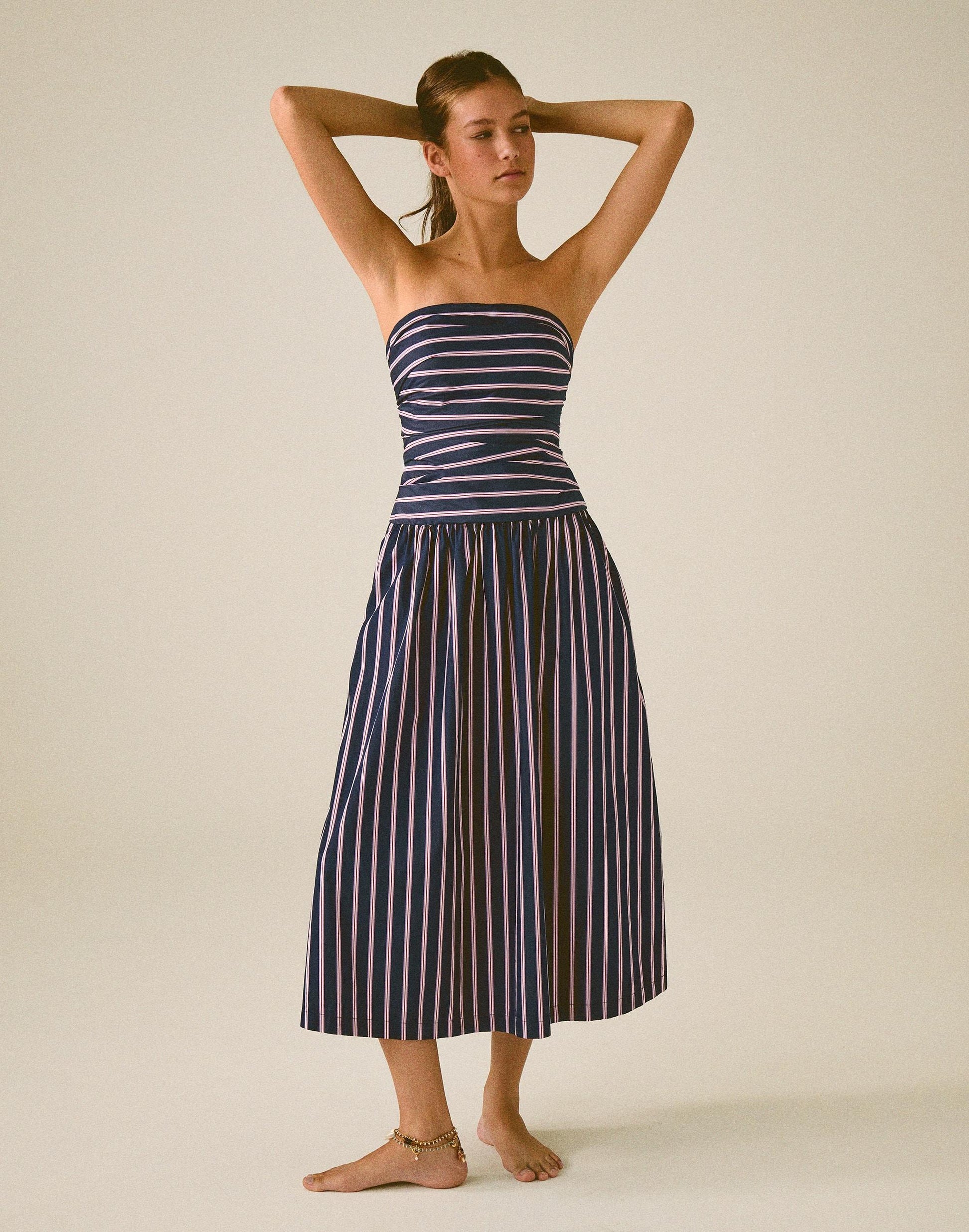 Madewell Strapless Ruched Midi Dress in Poplin