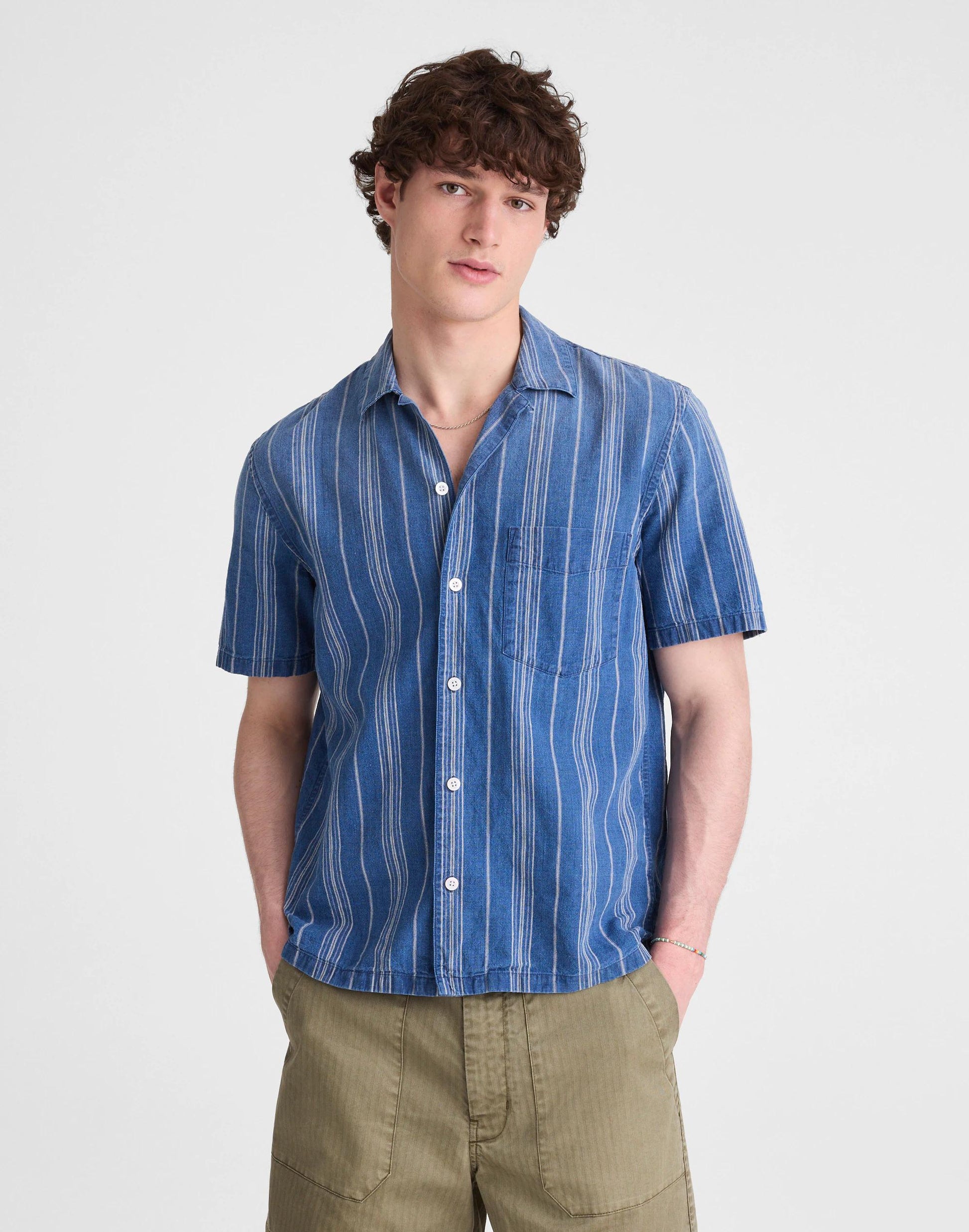 Madewell The Short-Sleeve Camp Shirt in Indigo Linen-Cotton Blend