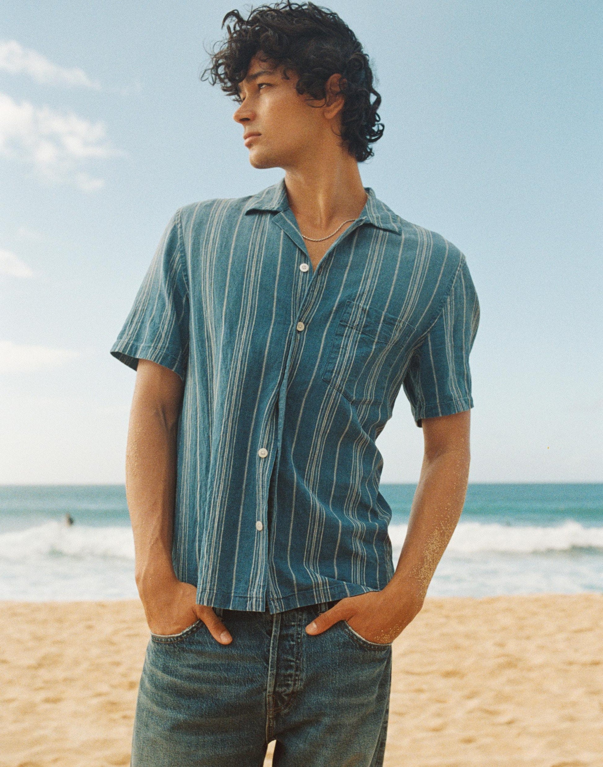 Madewell The Short-Sleeve Camp Shirt in Indigo Linen-Cotton Blend