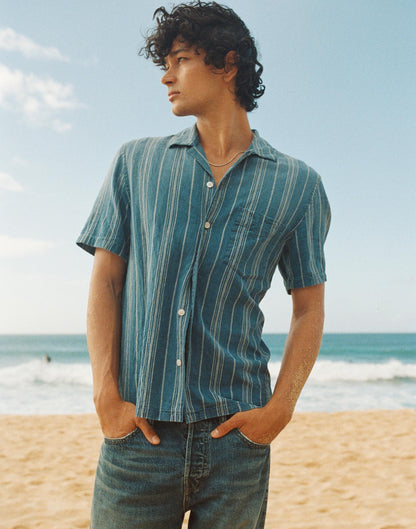 Madewell The Short-Sleeve Camp Shirt in Indigo Linen-Cotton Blend