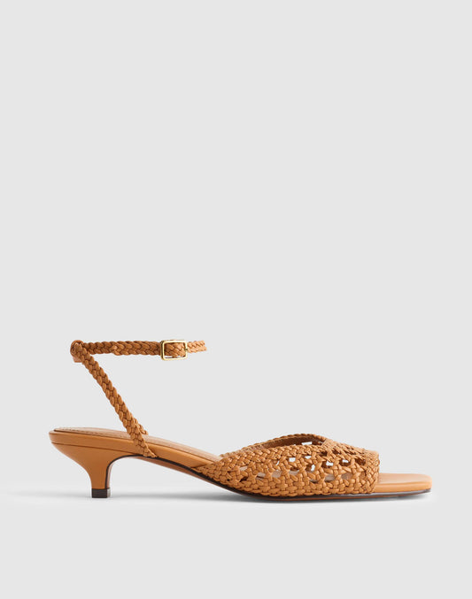 Madewell The Tyra Ankle-Strap Kitten-Heel Sandal in Woven Leather