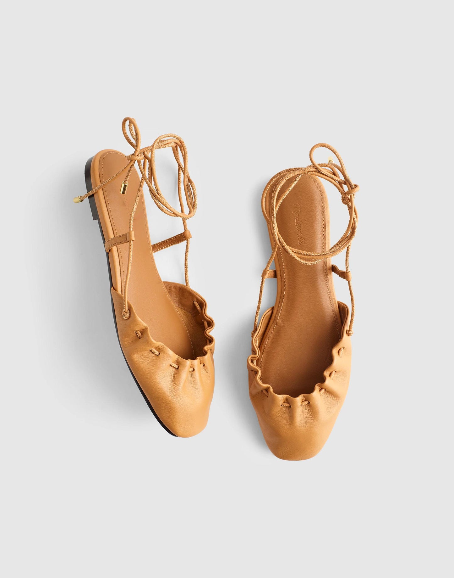Madewell The Greta Ruched Ankle-Tie Flat in Leather