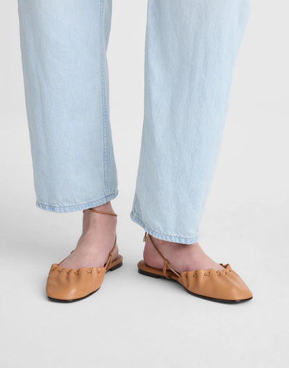 Madewell The Greta Ruched Ankle-Tie Flat in Leather