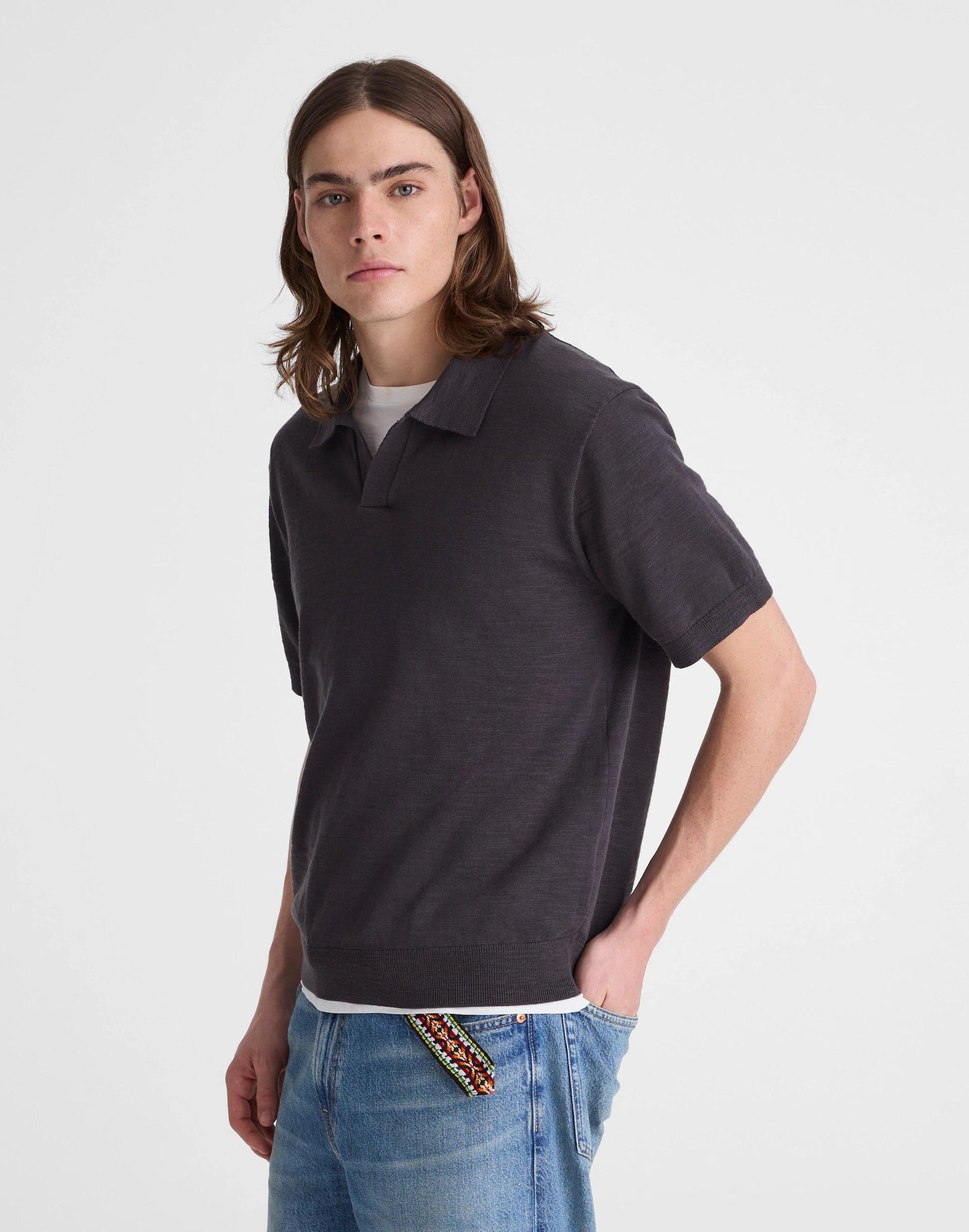 Madewell Johnny-Collar Sweater Polo in Slub Knit Cotton