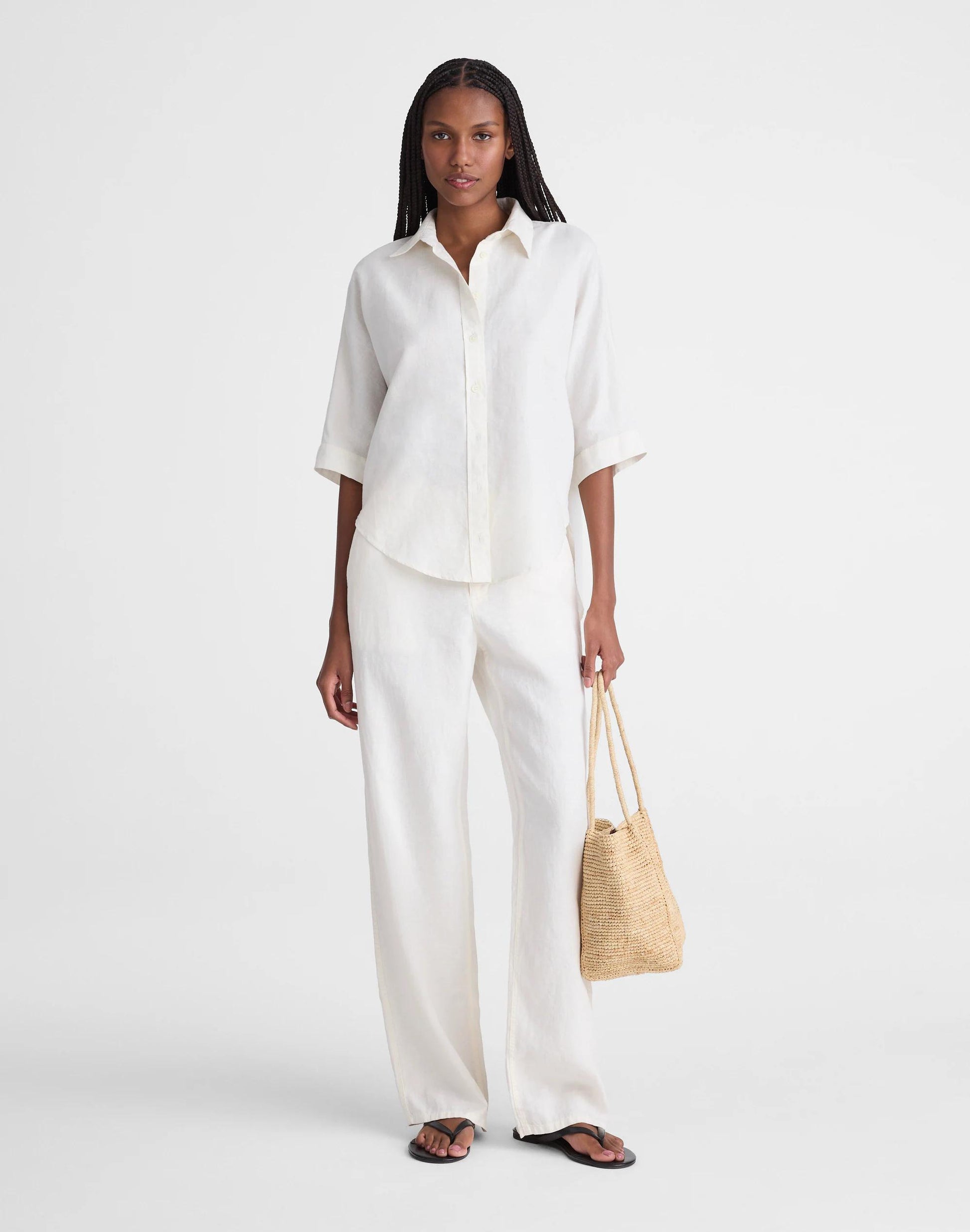 Madewell Relaxed Pleat-Sleeve Button-Up Shirt in Cotton-Linen Blend