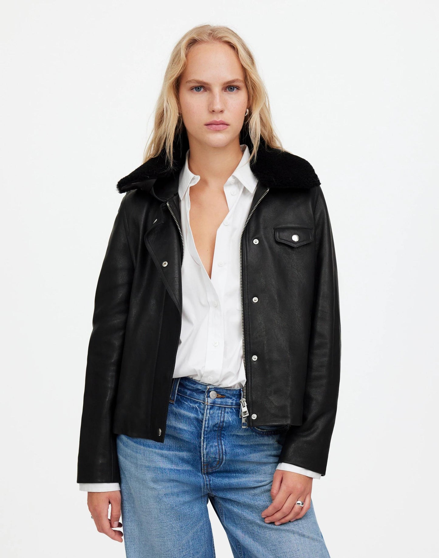 Madewell Sherpa-Collar Asymmetric Zip-Front Jacket in Leather