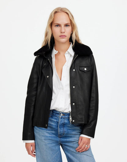Madewell Sherpa-Collar Asymmetric Zip-Front Jacket in Leather
