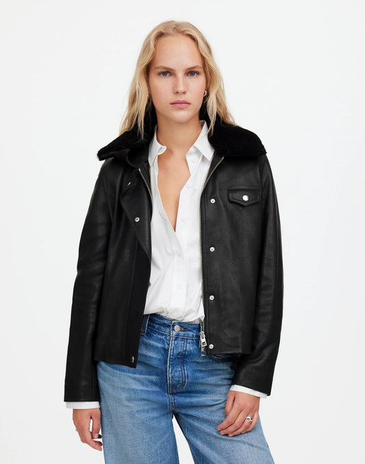 Madewell Sherpa-Collar Asymmetric Zip-Front Jacket in Leather