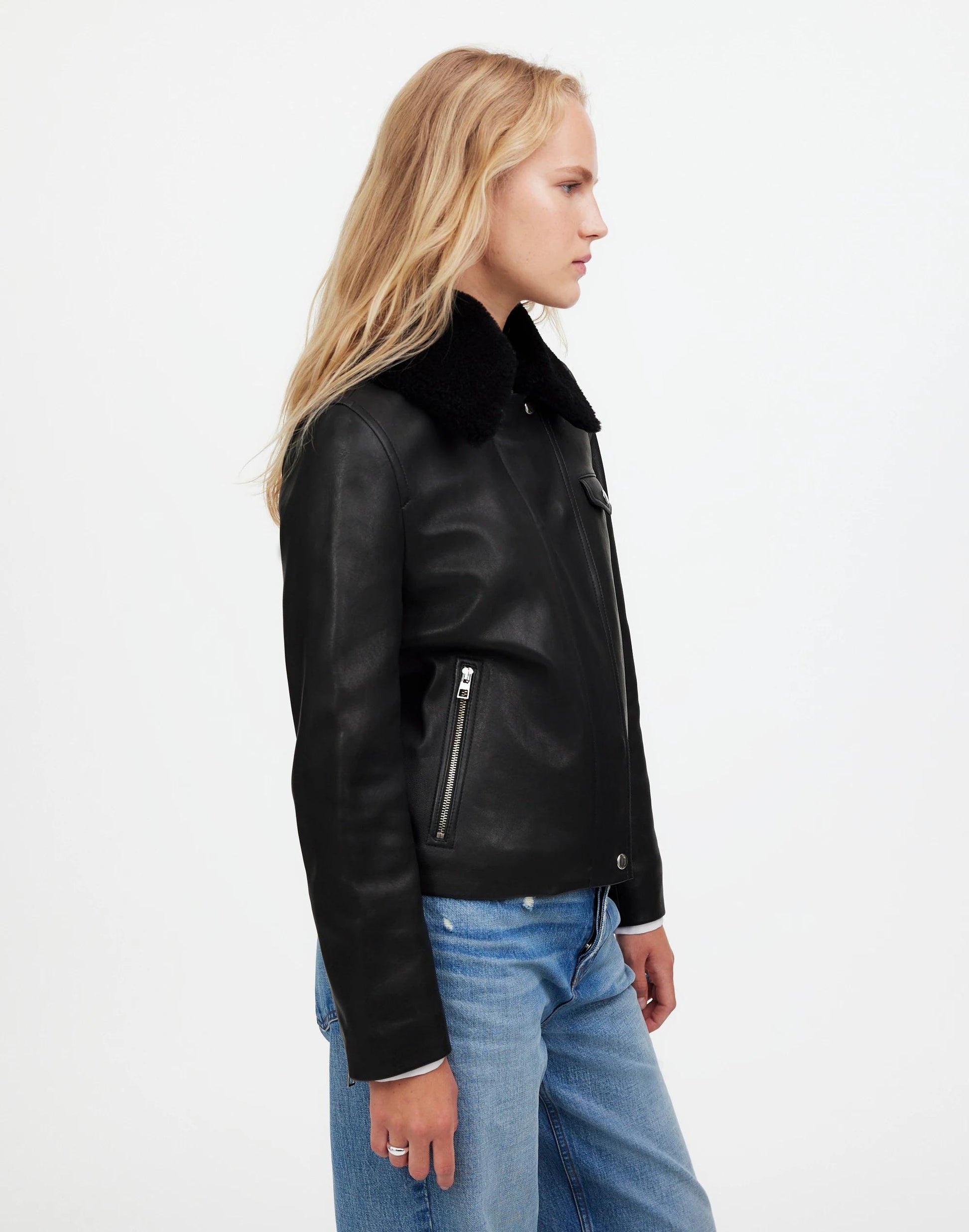 Madewell Sherpa-Collar Asymmetric Zip-Front Jacket in Leather